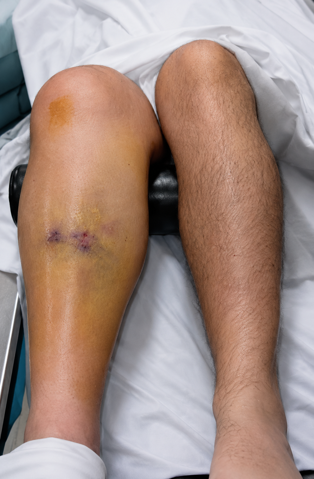 Clinical appearance of a patient with a right fractured tibia and suspected compartment syndrome