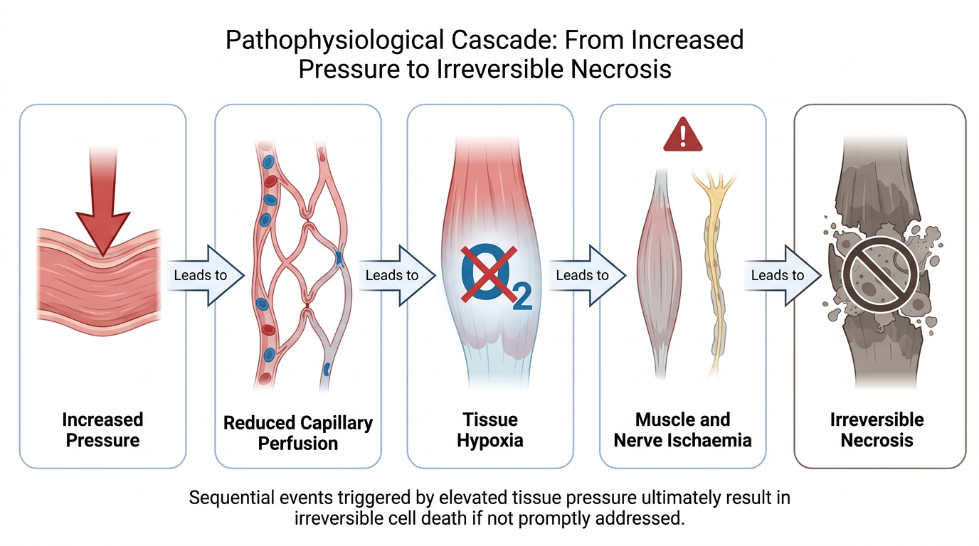 Diagram showing the pathophysiological cascade of compartment syndrome