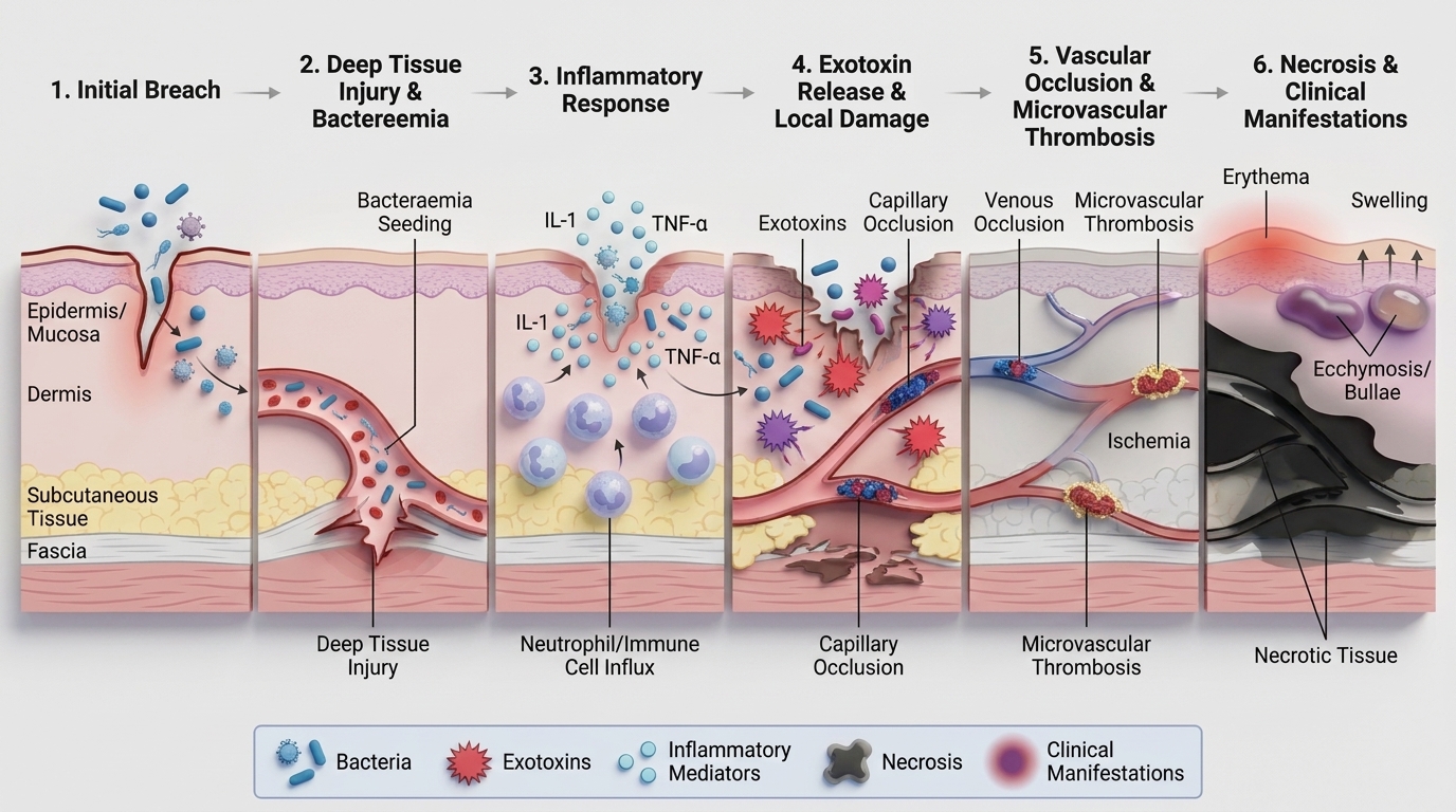 Pathophysiology of necrotising fasciitis